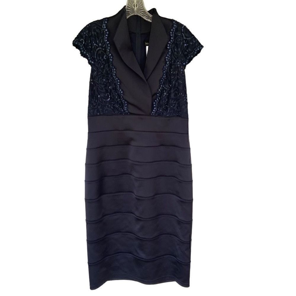Tadashi Shoji Navy Blue Satin Cocktail Formal Sheath Dress Lace Cap Sleeves 14